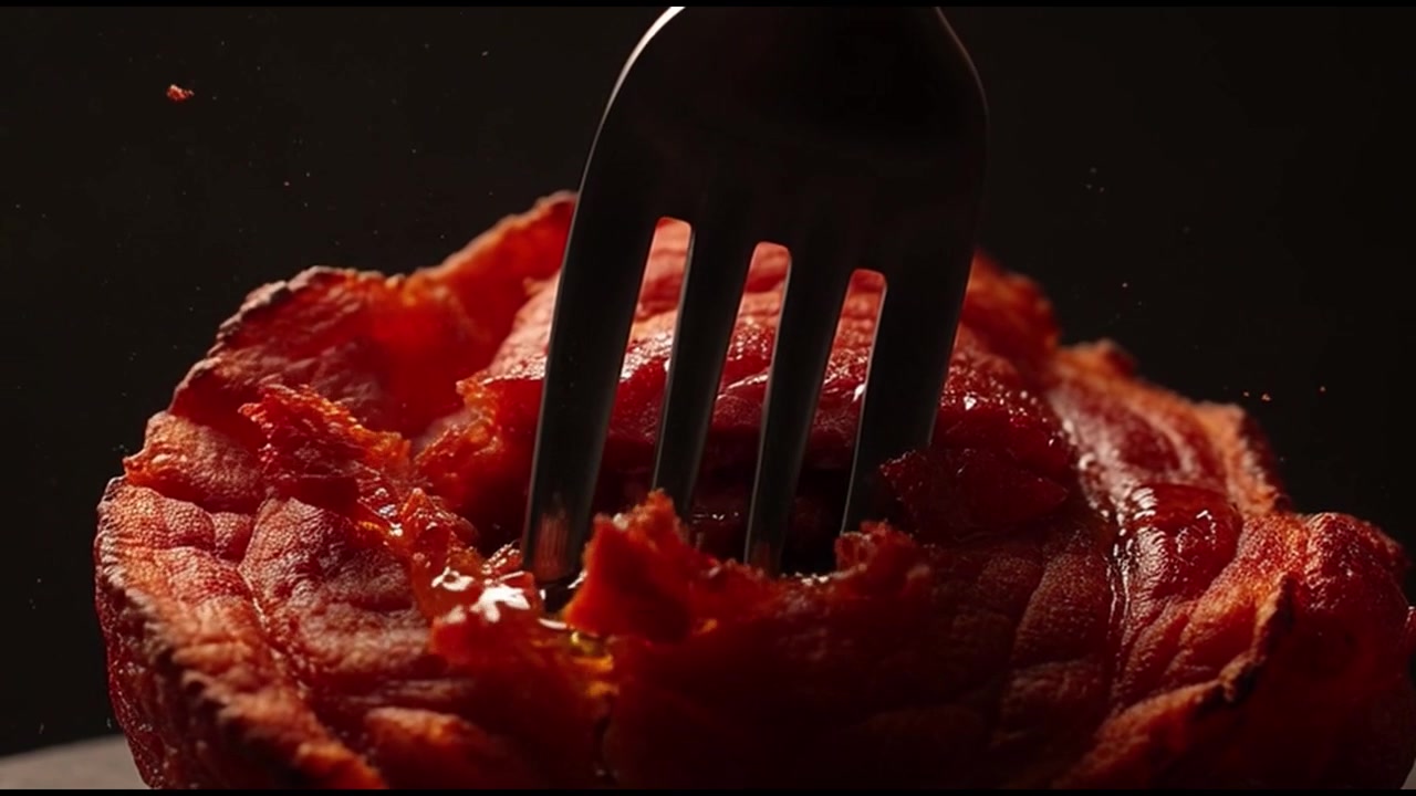 Forchetta che affonda in un hamburger di carne croccante e glassato