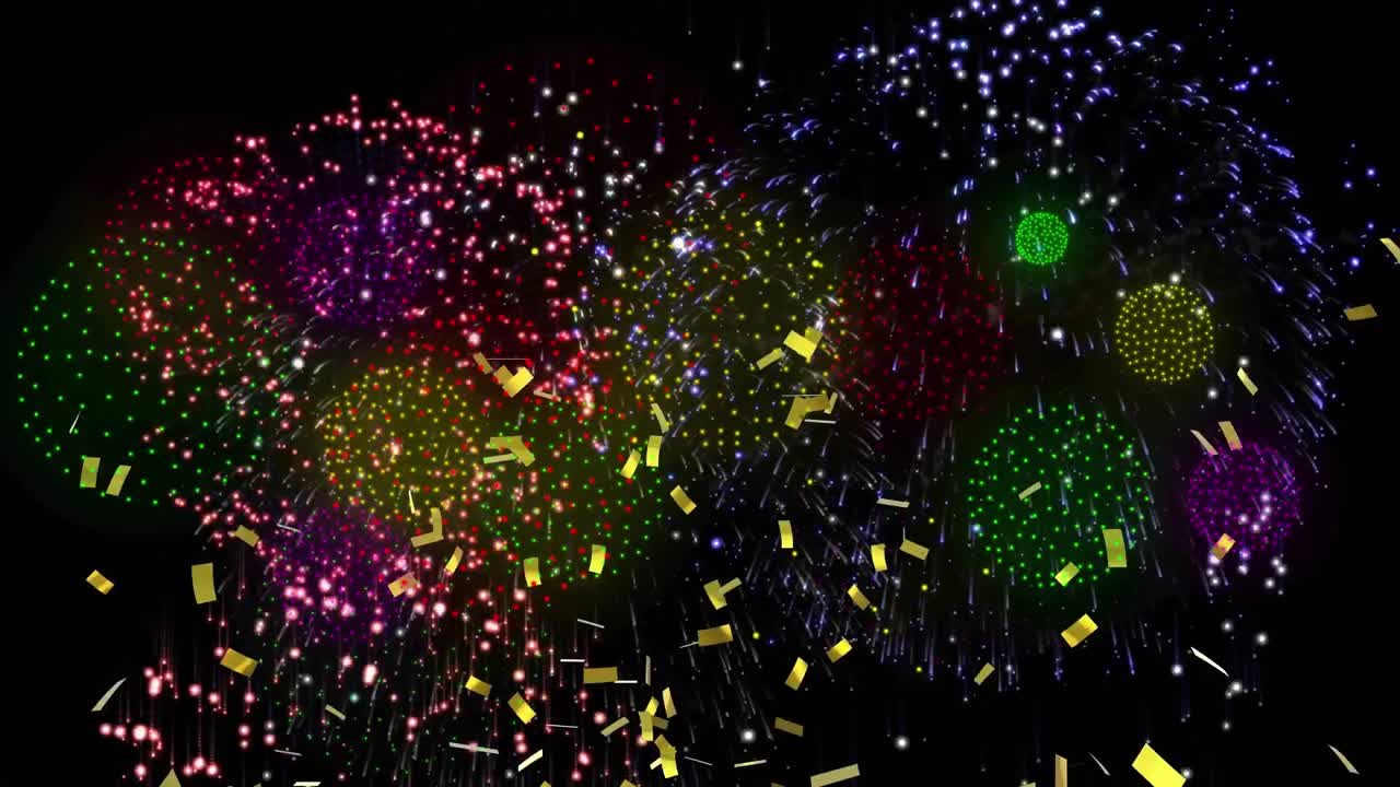 검은색 배경에 있는 콘페티와 불꽃놀이의 애니메이션