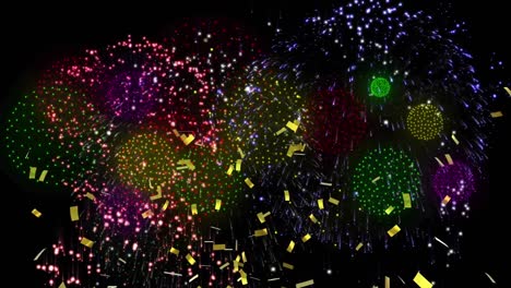 animación de confeti y fuegos artificiales en fondo negro.