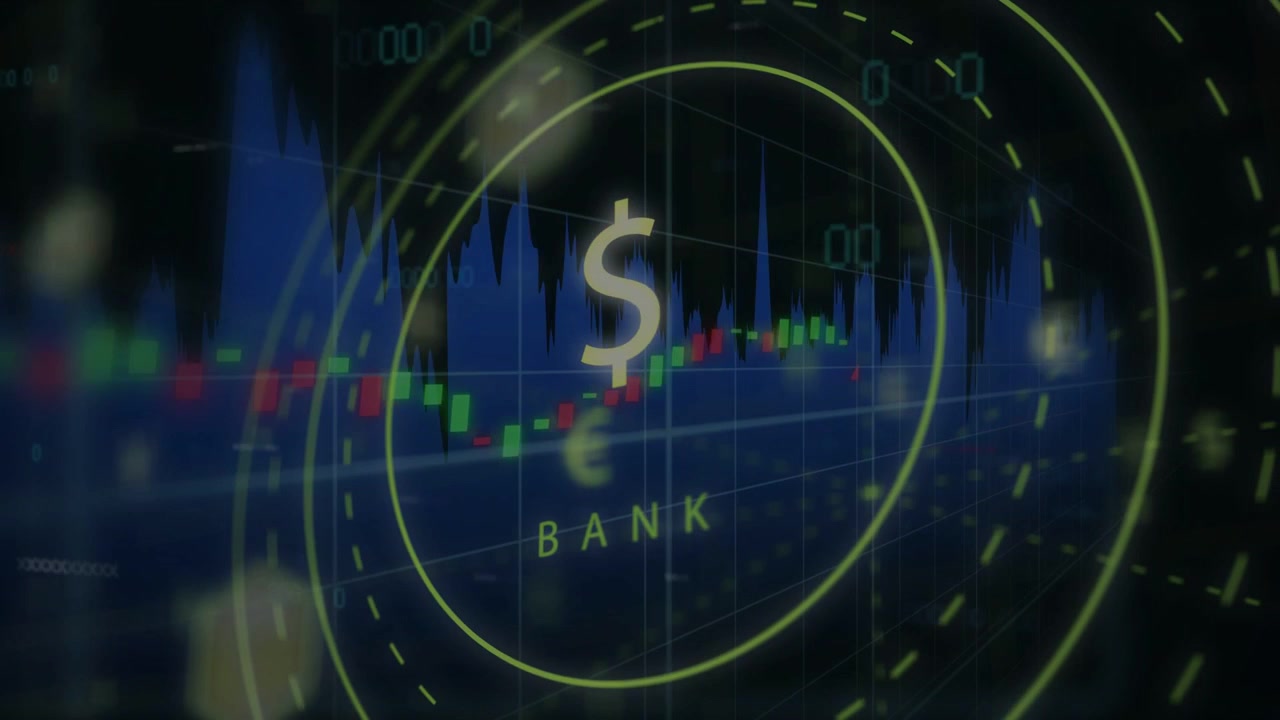 Ved indlæsning dollarsymbol i grønne ringe og BANK roterer, lysestager ruller, viser markedstendens