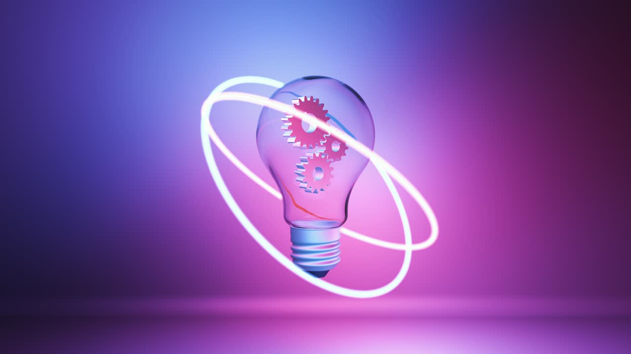 내부에 기어가 있는 추상적인 전구는 네온 레이저 스캐닝 빛으로 둘러싸여 있습니다.