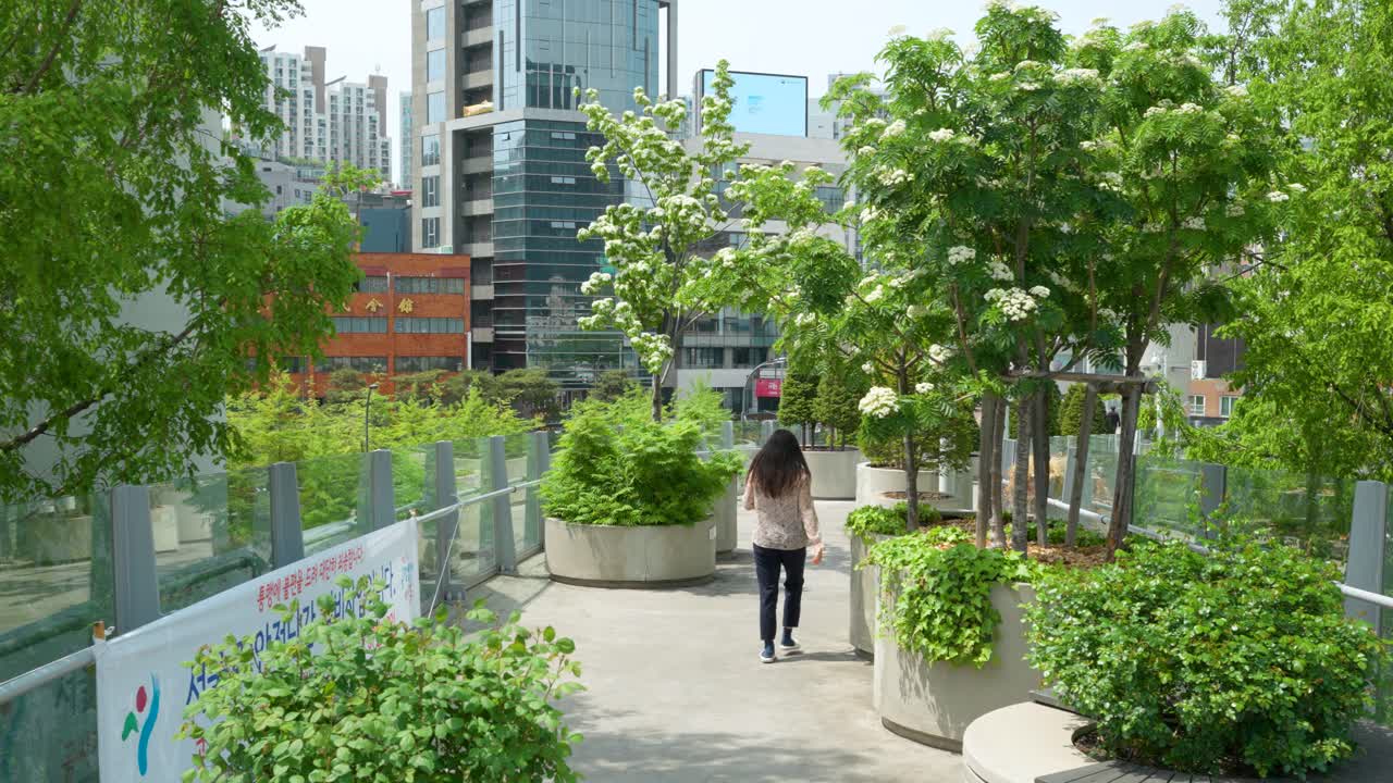 Vista traseira da mulher caminhando pela passarela do parque suspenso Seoullo 7017