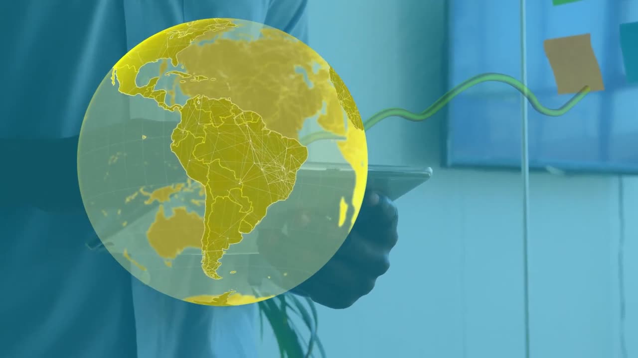 animación del globo y procesamiento de datos sobre un hombre de negocios que usa una tableta