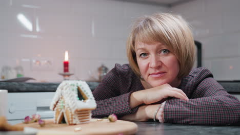 relaxed baker rests hands on table, gazing thoughtfully at intricately decorated gingerbread house, soft candlelight and warm kitchen setting