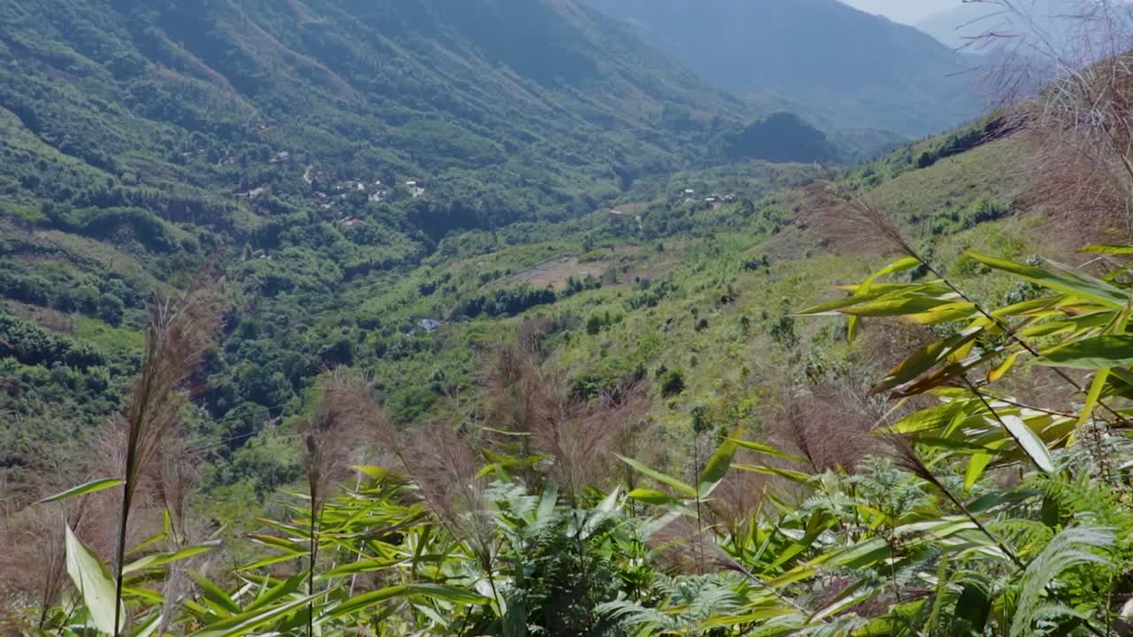 cordillera cubierta de densos bosques verdes y cielo brillante en el video de la mañana tomado en meghalaya india