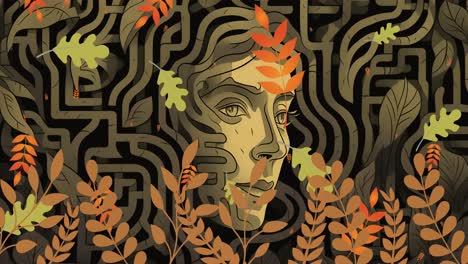 animation of autumn leaves falling over female head and pattern