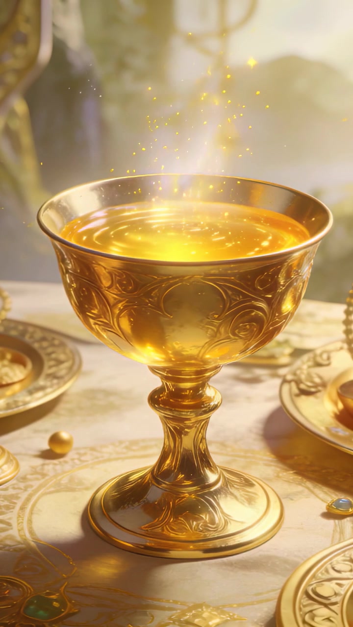 Vertical video: Rising warm light, goblet emitting steam and sparks on table with green pendant