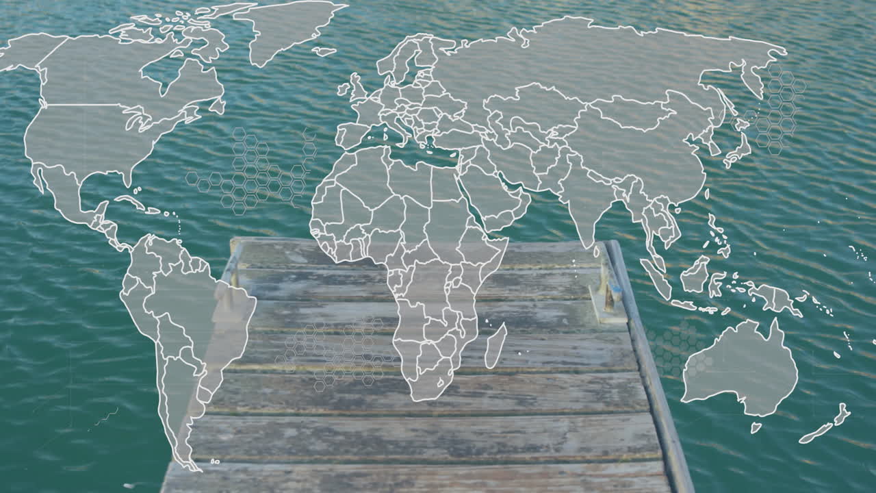 animación del mapa del mundo sobre el muelle y el mar