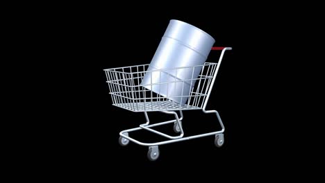 el concepto de comprar o vender combustible líquido o aceite. el símbolo del barril se encuentra en el carrito de compras de comestibles. renderización de animación 3d sin fisuras. industria de negocios y comercio.