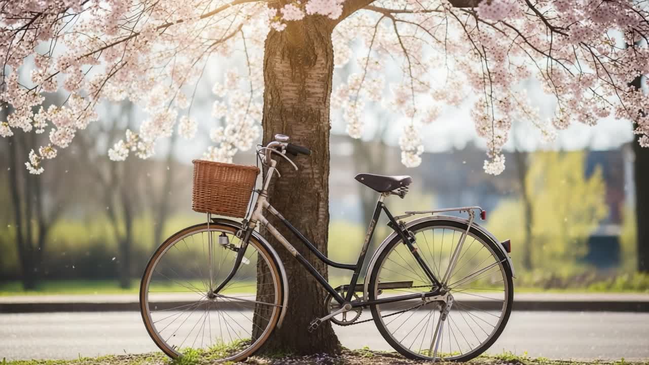 A Beautiful Vintage Bicycle Nestled Beneath a Blooming Cherry Blossom Tree Capturing the Essence of Springtime Serenity in a Picturesque Landscape