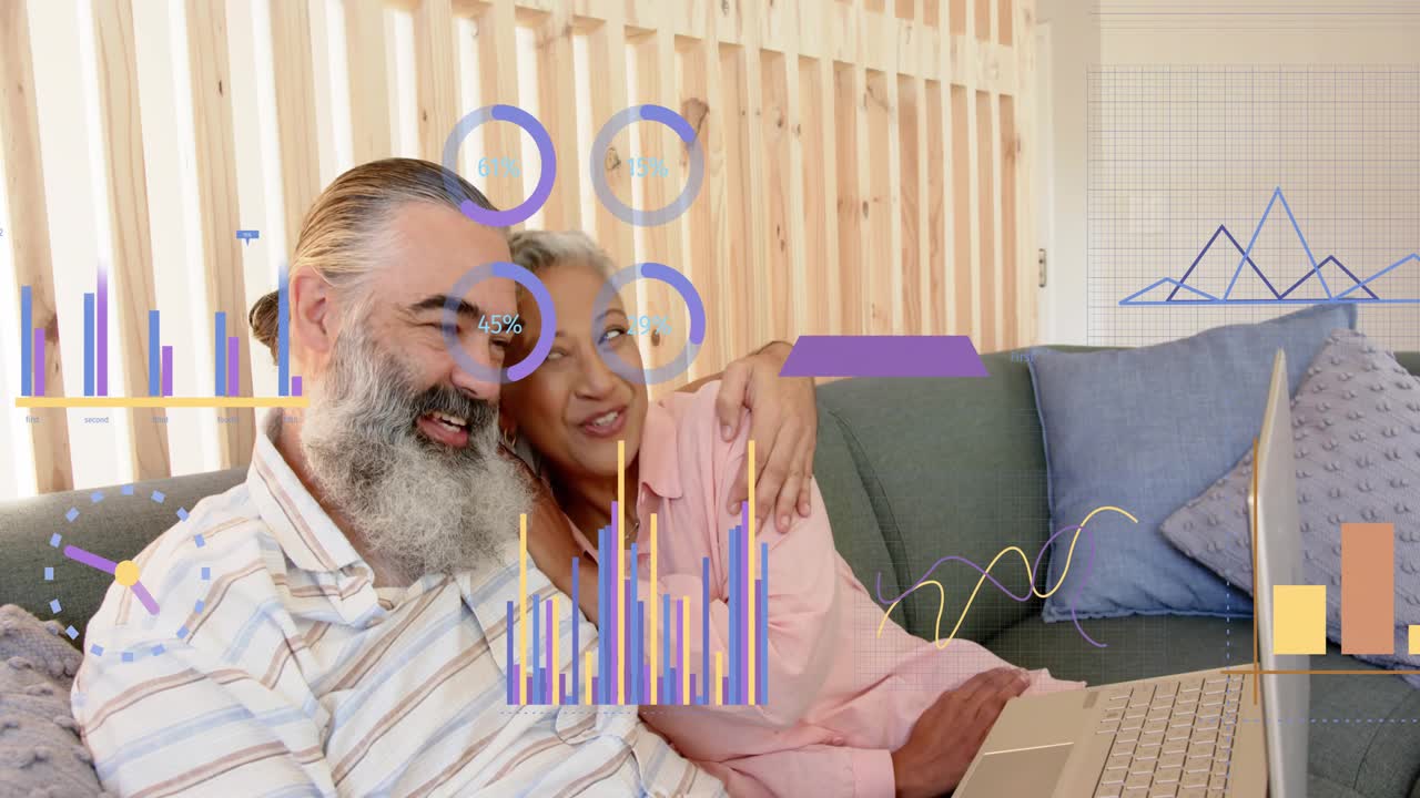 Couple leaning in, woman pointing at laptop, causing finance charts covering faces, checking funds