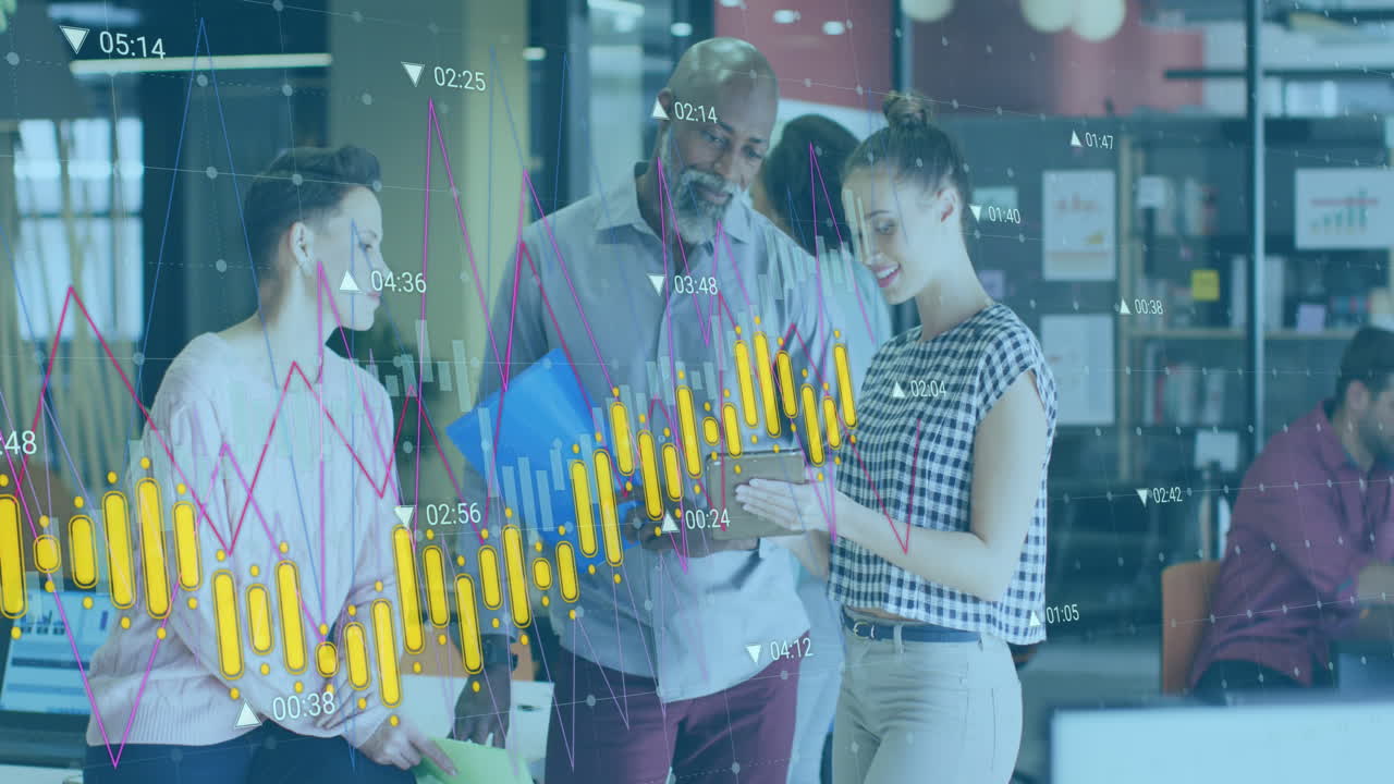 animación de múltiples gráficos, números cambiantes, diversos compañeros de trabajo de pie y discutiendo informes