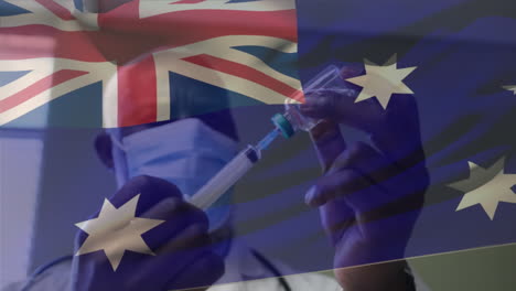 animation of flag of australia waving over doctor wearing face mask and holding vaccine