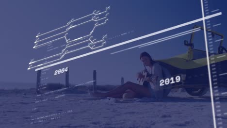 Animation-of-financial-data-processing-over-caucasian-woman-playing-guitar-by-car