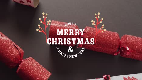 animation of christmas greetings text over christmas crackers