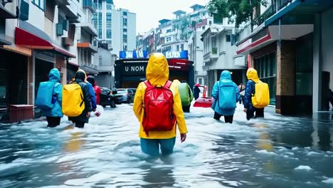 a group of people walking through a flooded street with backpacks