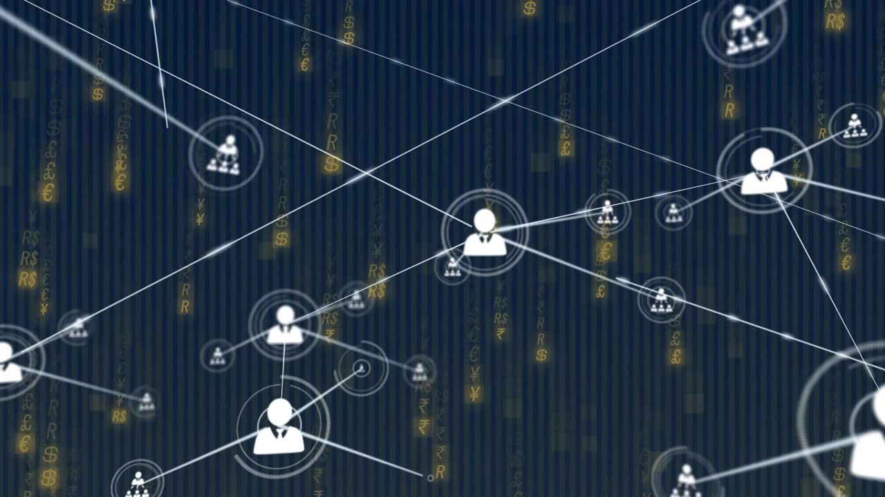 Central user node sending links, forming growing tech network with pulsing rings and falling glyphs