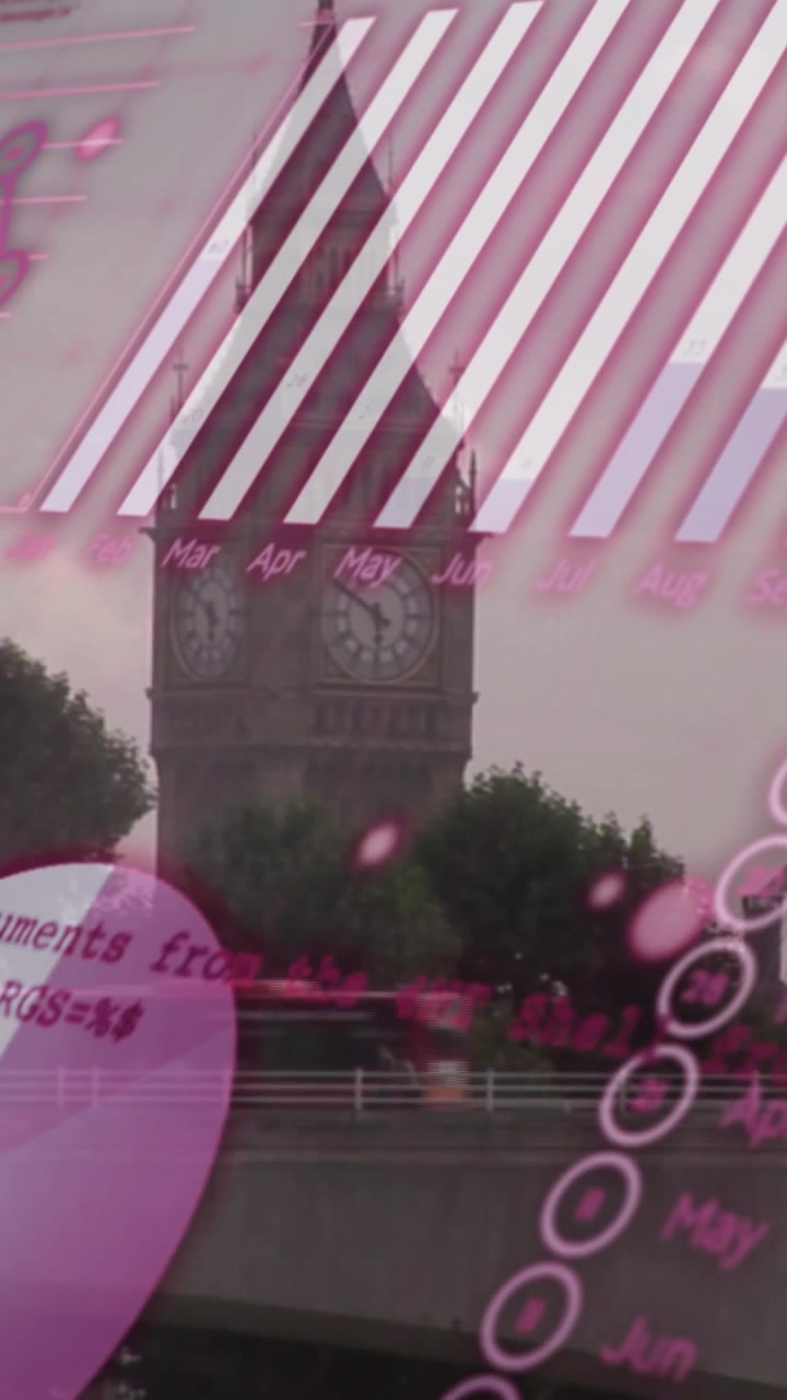 Animação de processamento de dados estatísticos sobre a vista da torre Big Ben