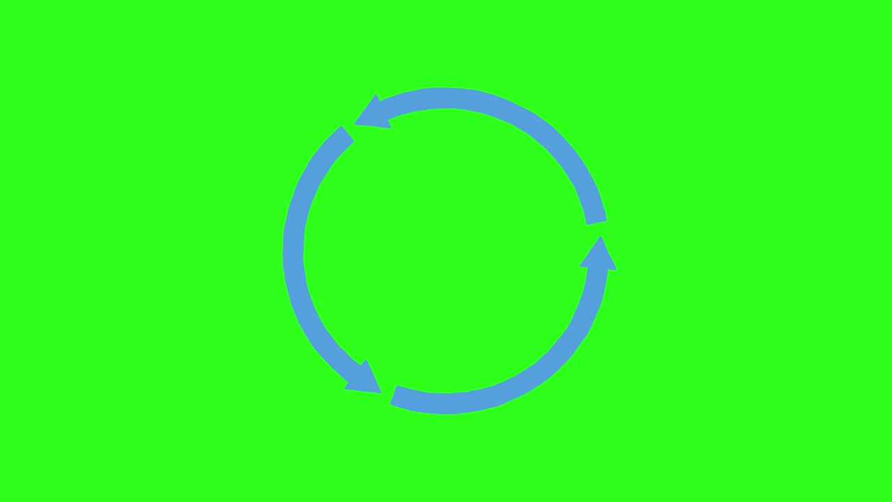 Blue circular arrow smoothly rotates clockwise on vivid green background, seamless loop, flat vector style