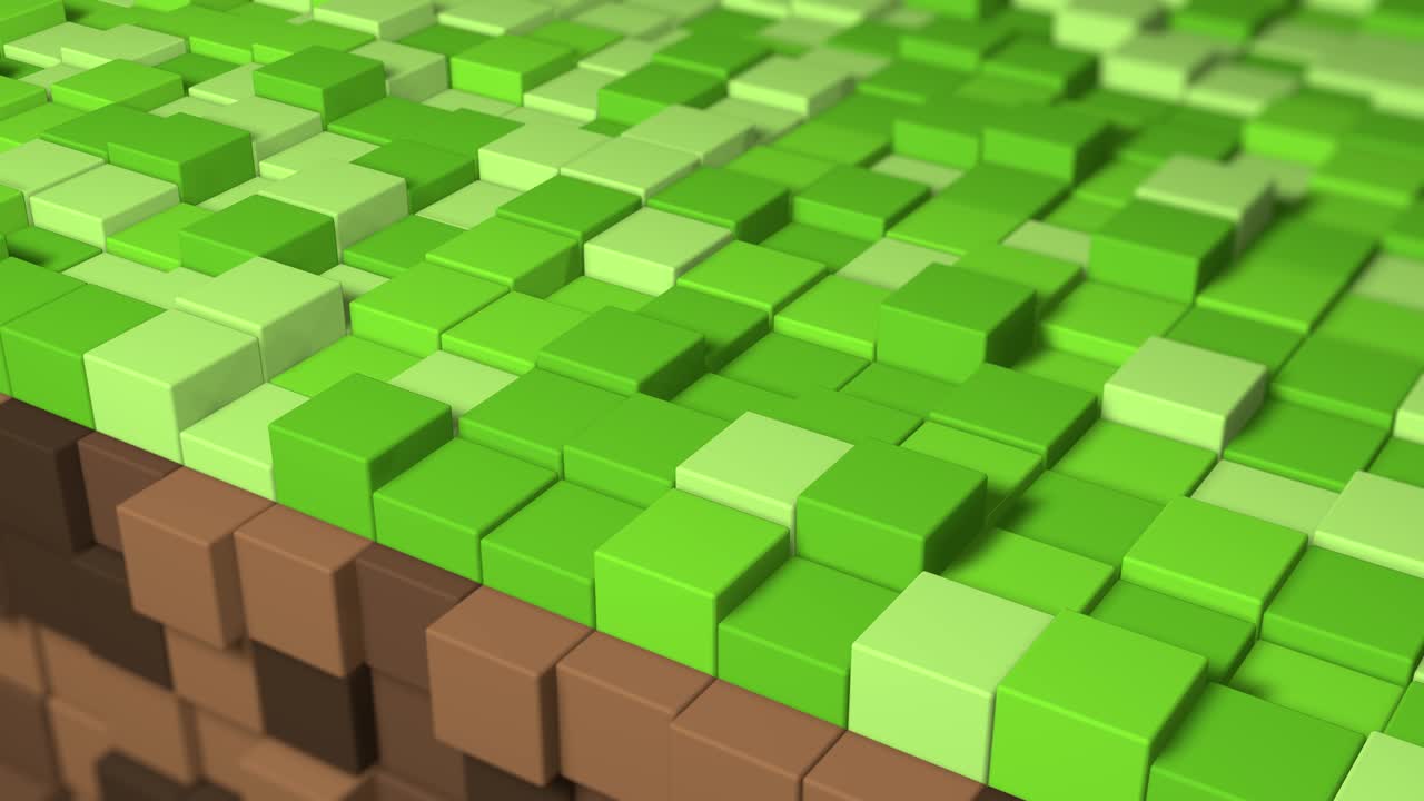3d 추상 큐브 루프: 비디오 게임 이소메트릭 기하학 모자이크 파동 패턴, 갈색과 녹색 풀 블록을 사용하여 언덕 풍경의 건설