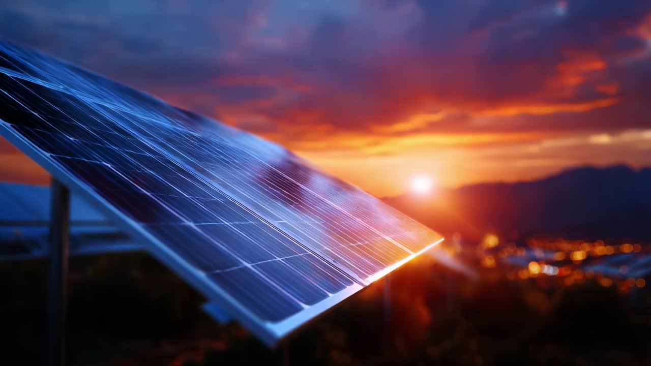 Vista mozzafiato del tramonto sui pannelli solari, che illumina il futuro dell'energia rinnovabile e della sostenibilità in un vivace paesaggio urbano