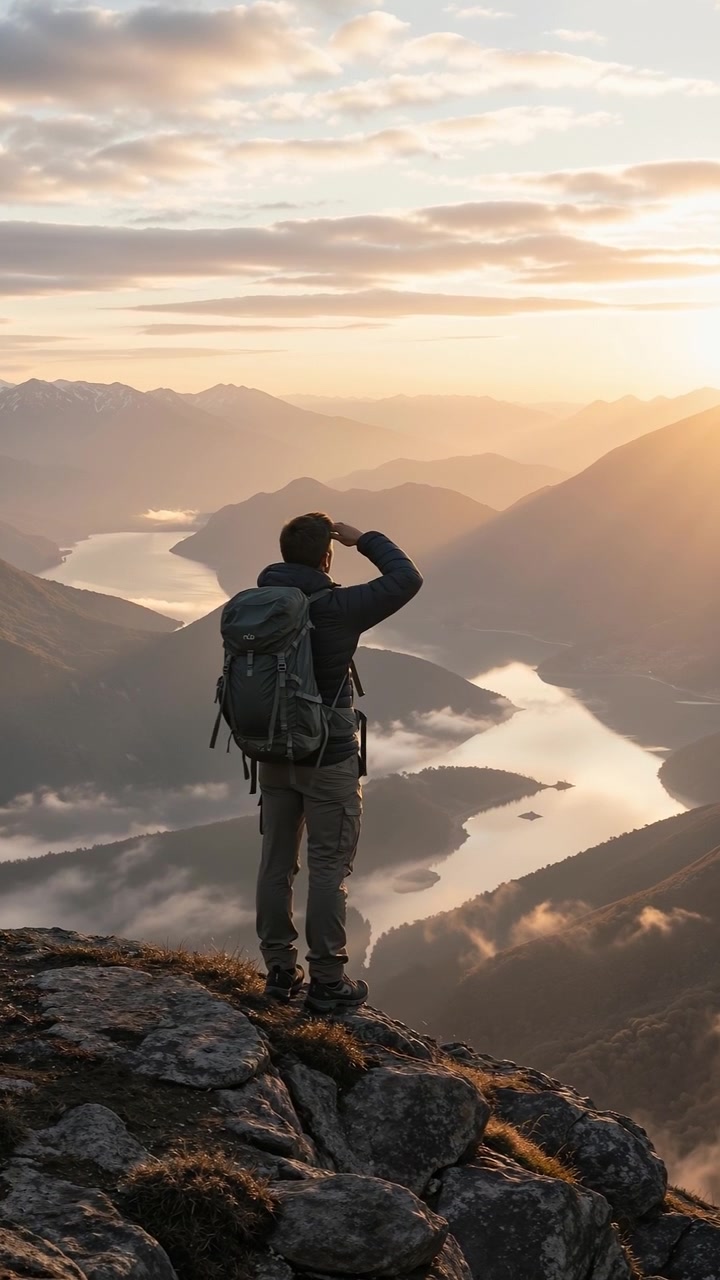 Lone hiker standing on a rocky mountain peak overlooking a vast valley at sunset