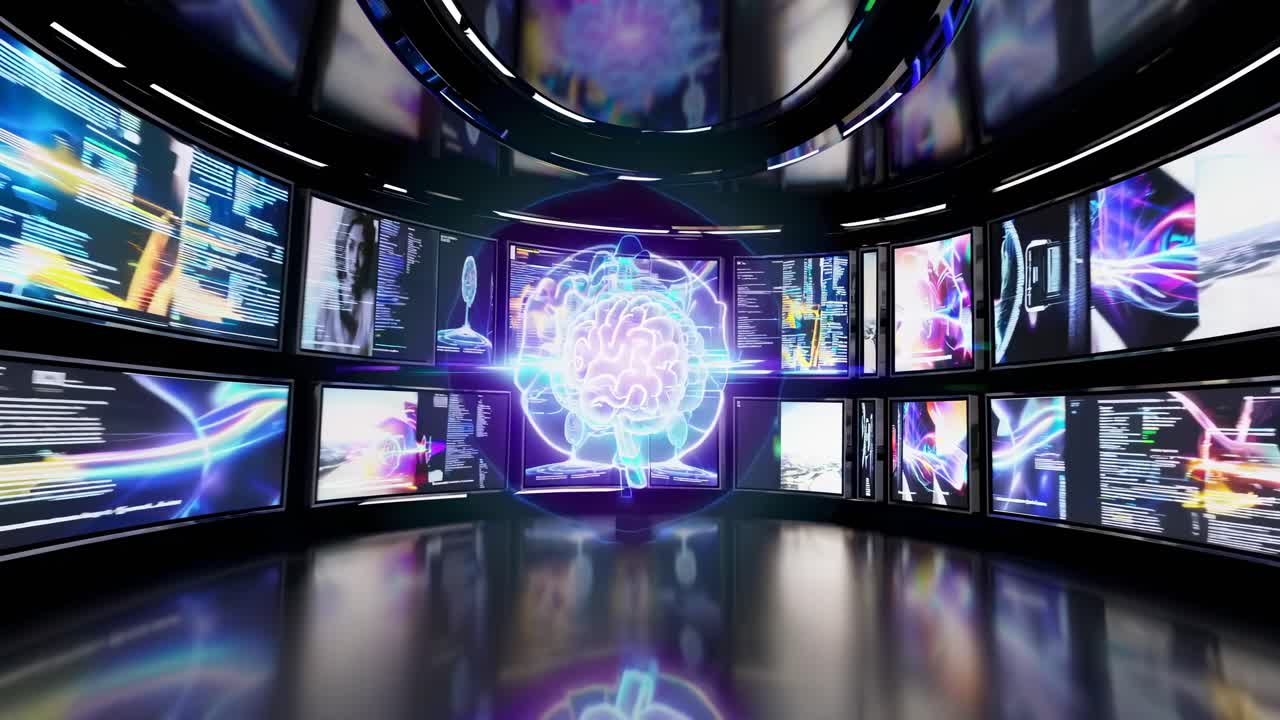 Concept video futuristico con un cervello sugli schermi, ripreso da una angolazione bassa in una stanza digitale