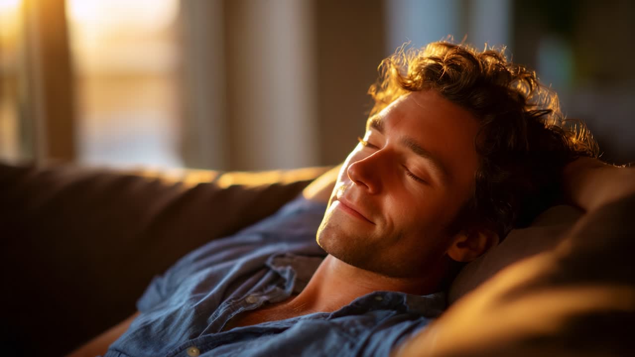 En mand slapper komfortabelt af på sofaen og nyder det varme sollys, der strømmer ind ad vinduet, hvilket udstråler ro og fred i dette fredfyldte øjeblik.