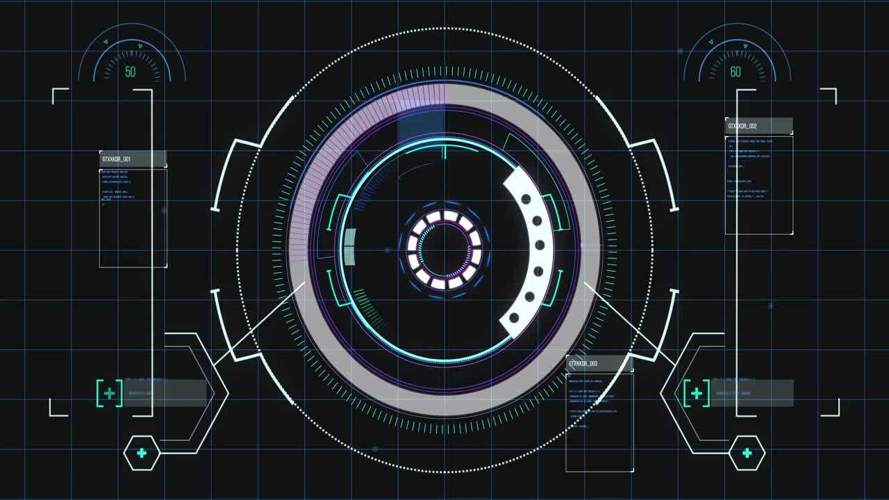 Animation of scope scanning and data processing aver grid on black background