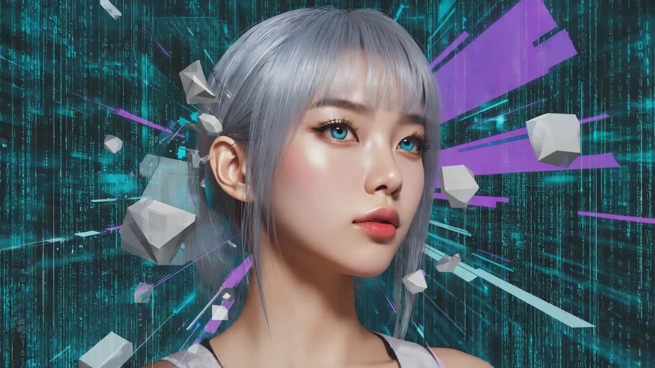 Realistic Portrait of Asian Woman with Silver Hair and Blue Eyes in Abstract Digital Art
