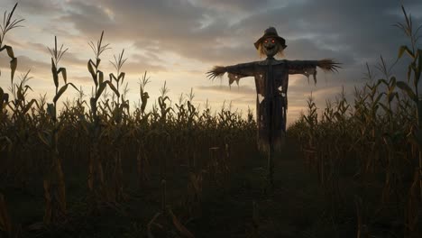 A Spooky Scarecrow Stands Alone Amidst the Cornfield at Dusk, Watchful Over the Crops with Glowing Red Eyes, Ready to Deter Any Pests in Its Territory