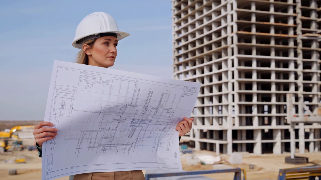 Sosteniendo planos de construcción detallados con ambas manos, la mujer revisa el plan antes de levantar la mirada hacia un edificio esquelético de varios pisos, con equipo y materiales visibles detrás de ella.