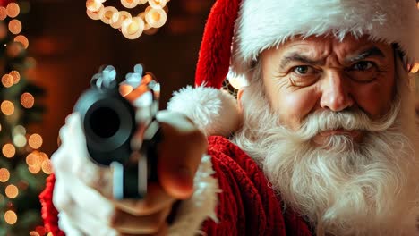 a man dressed as santa claus pointing a gun at the camera