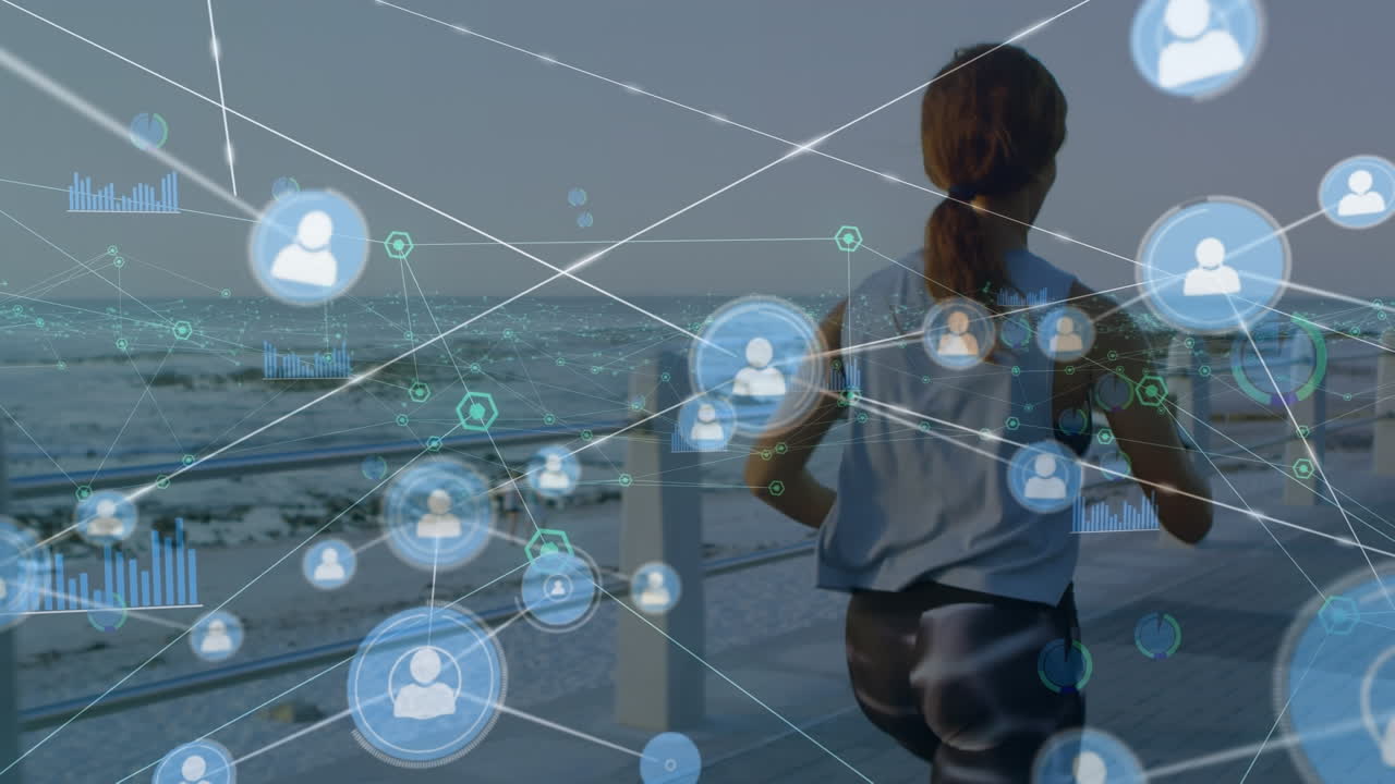 Animation of network of connections and data processing over african american woman running at beach