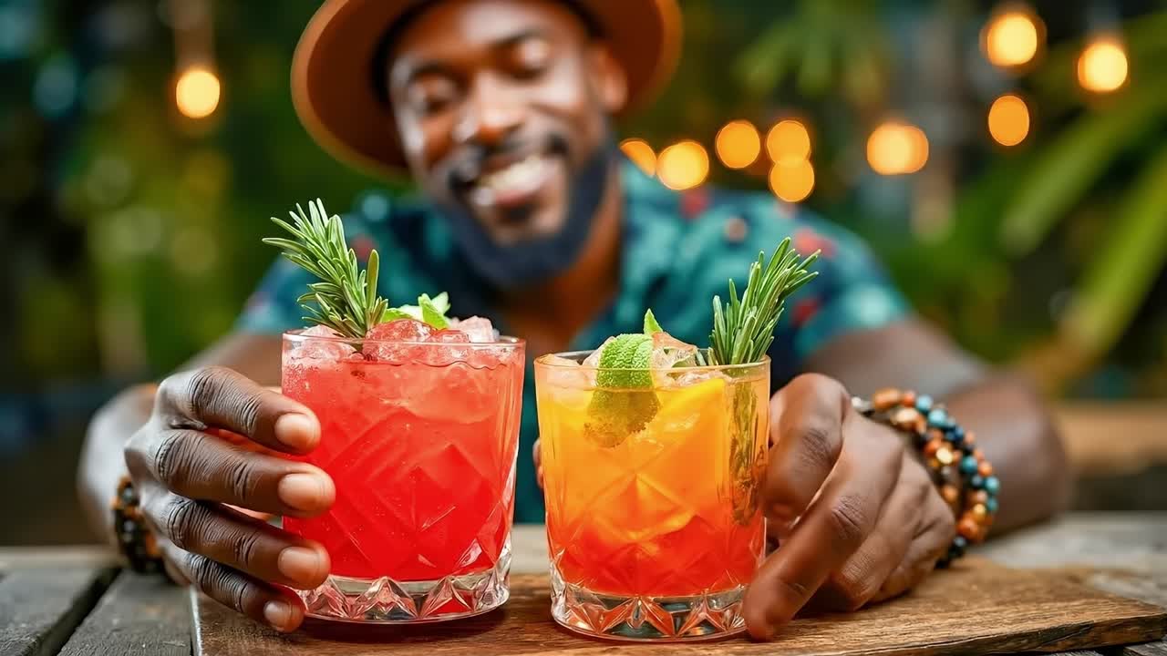 A man in a hat holding two glasses of drinks