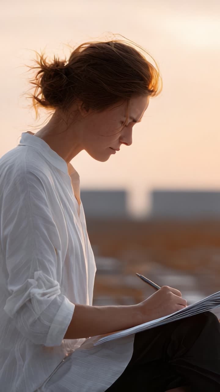 Una donna con una penna che scrive pensierosa in un tranquillo ambiente esterno durante il tramonto, catturando un momento di ispirazione creativa e serenità