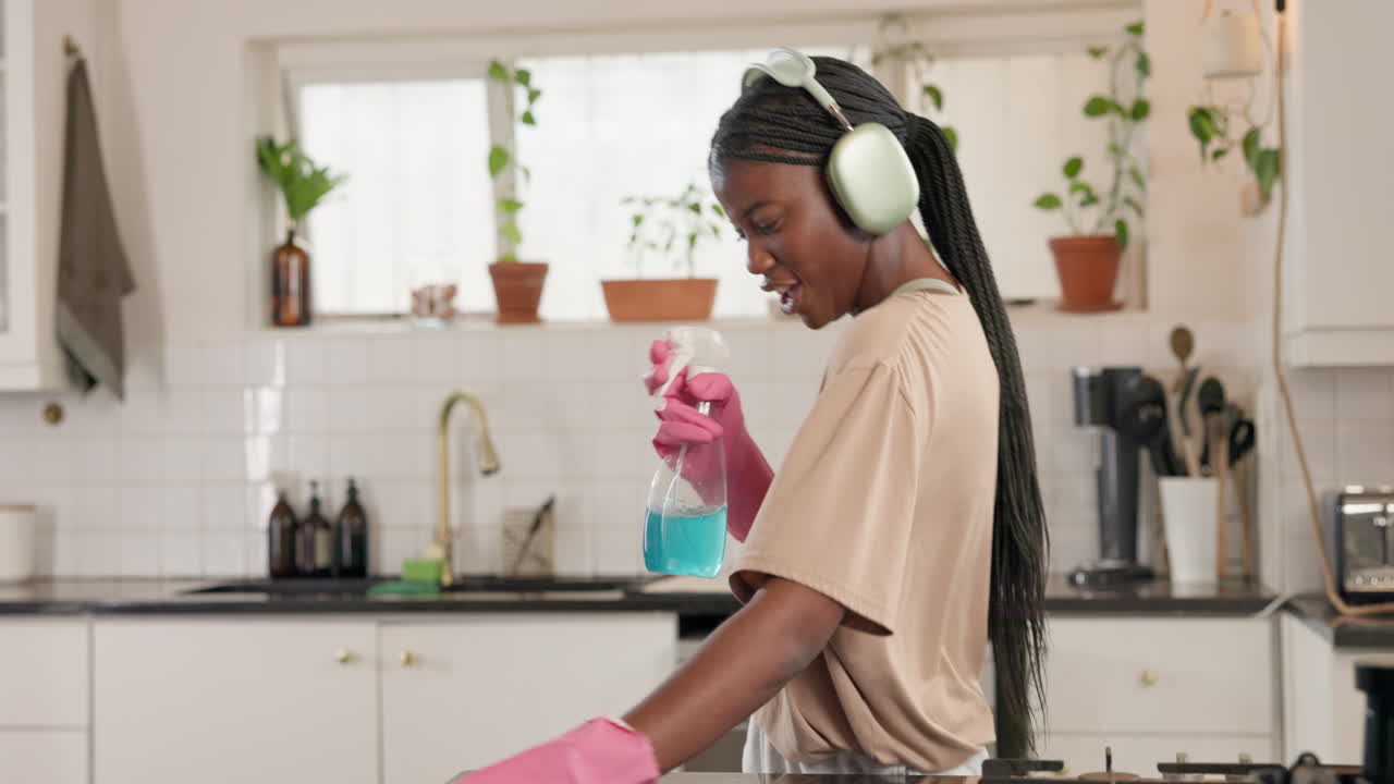 Woman Cleaning and Singing in Kitchen