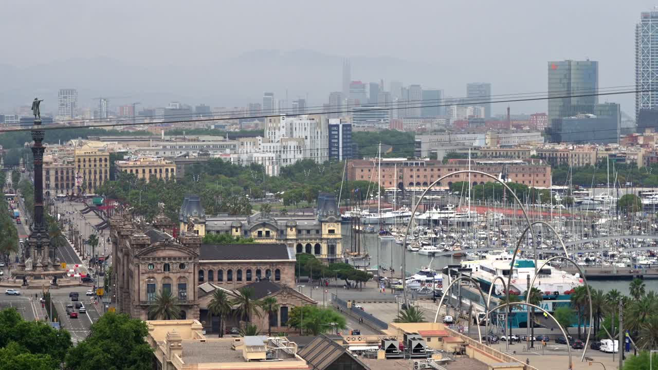 Aerial drone view of Barcelona, Spain on a cloudy day