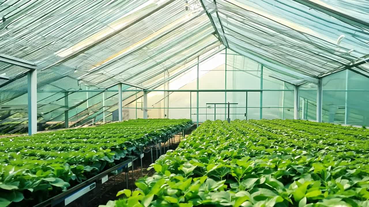 Rows of Plants Growing in a Greenhouse