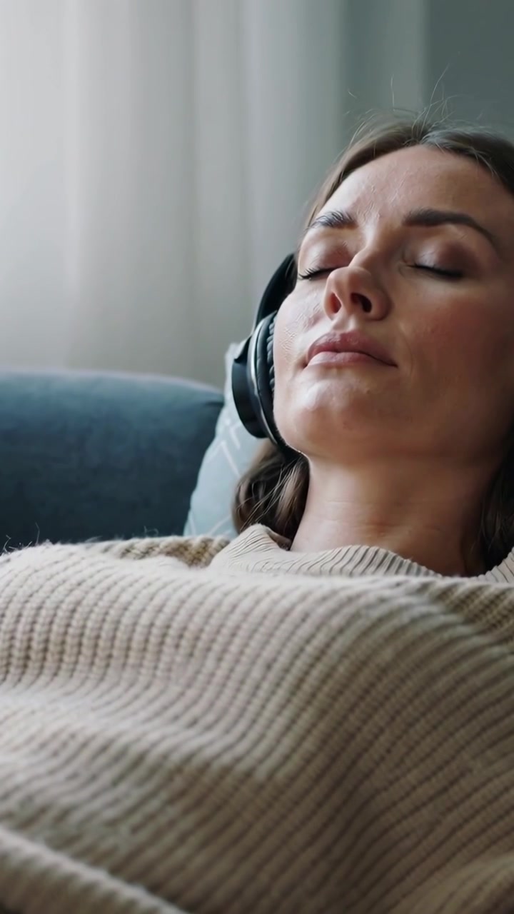 Video verticale: La musica inizia, una donna con una maglia beige chiude gli occhi sul divano, le cuffie la rilassano.