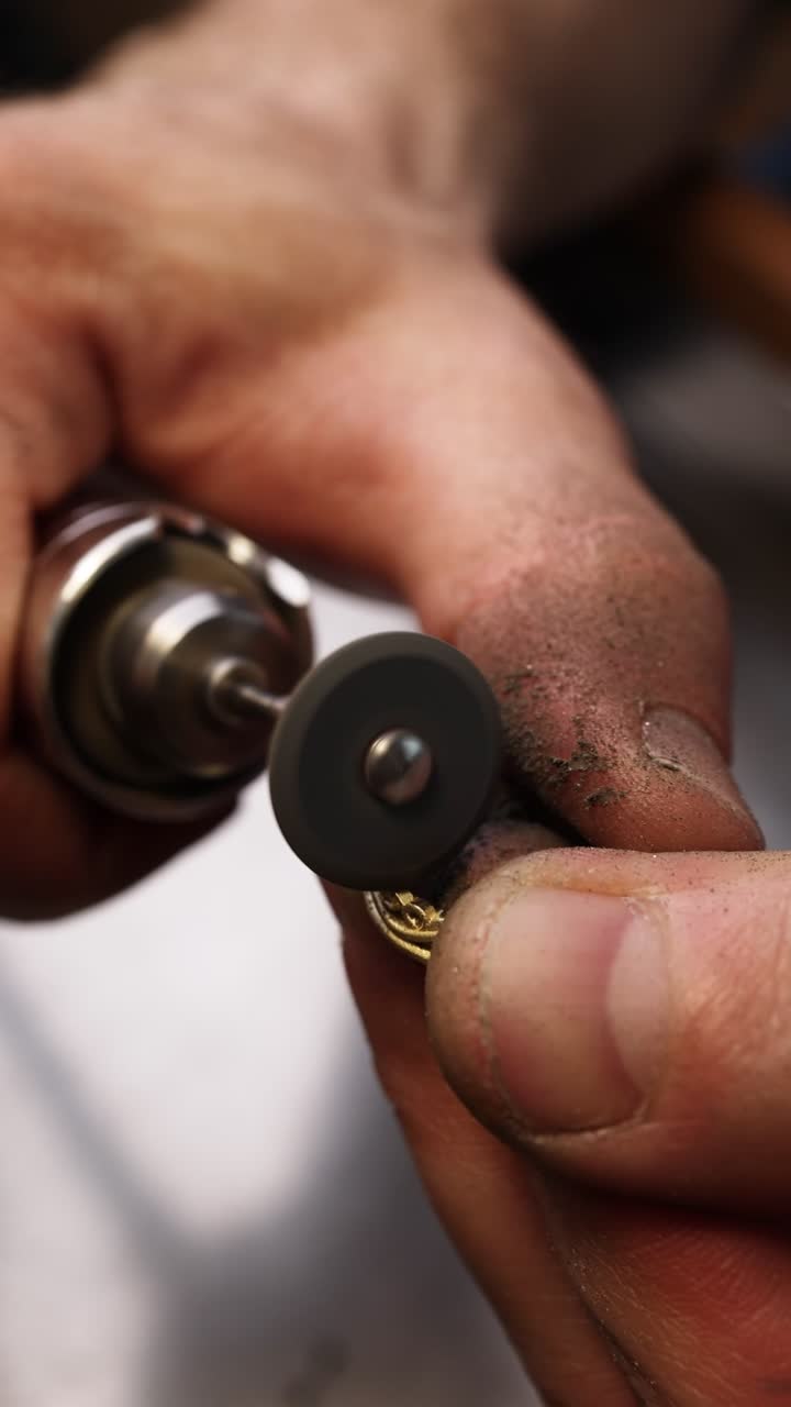 Close-up of Artisan's Hands Polishing Gold Jewelry with Rotary Tool