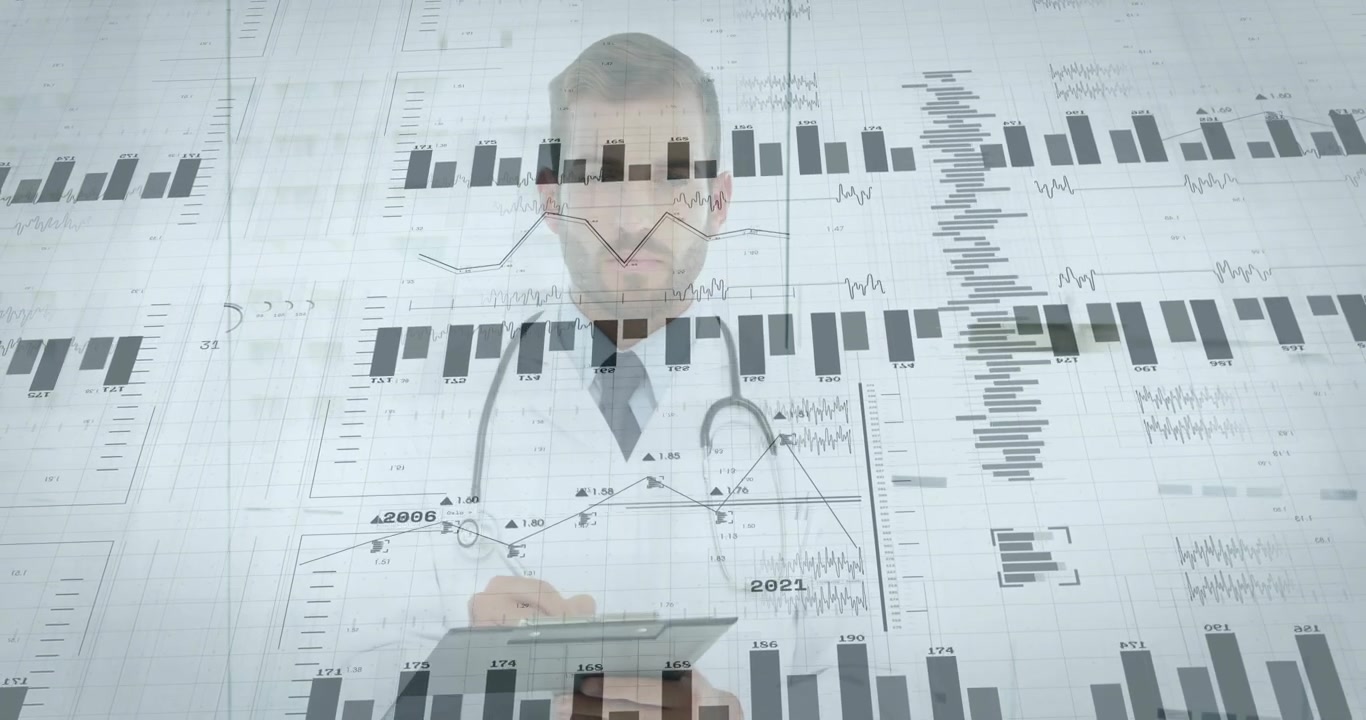 Medico che analizza dati sanitari e prende appunti mentre un grafico a barre appare e grafici a linee si animano