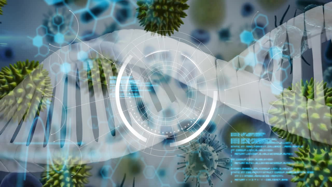 DNA strand and digital data processing over virus cells in scientific animation