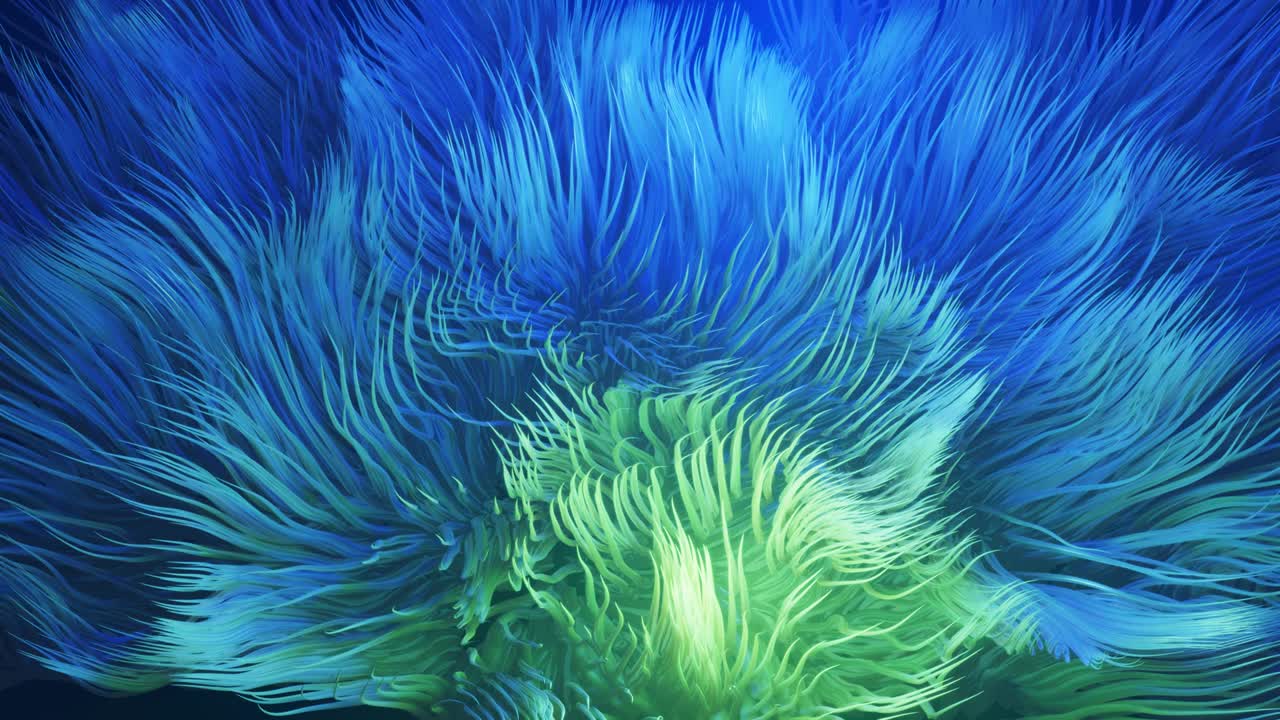 simulación de cabello. luces volumétricas. rizos vivos bajo el agua como pelaje o hilos multicolores, cabello. efectos de niebla y dof bokeh. fondo misterioso con líneas curvas vivas, primer plano. bg en bucle de 4k