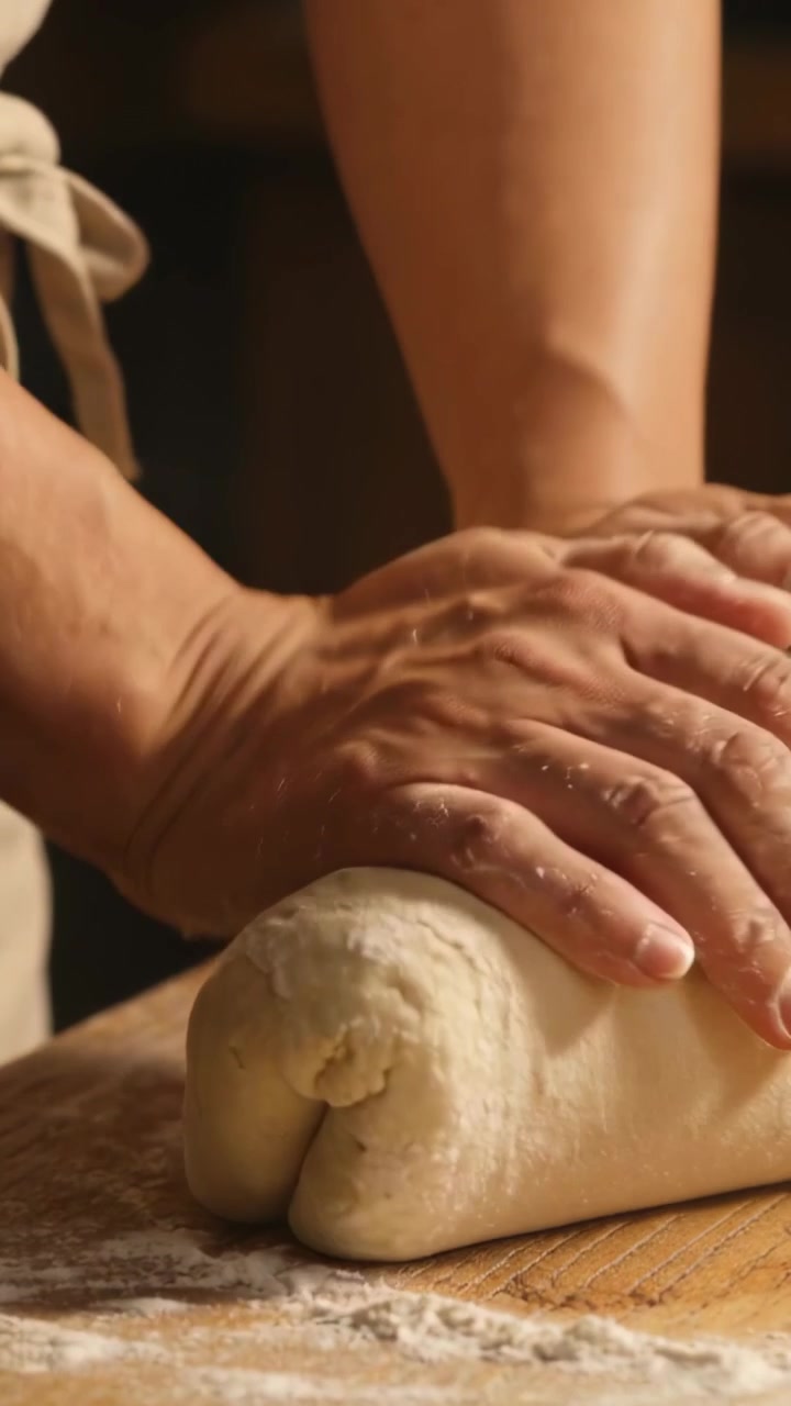 Vertical video: Pressing hands folding and rolling dough at bakery counter, apron knot shaping loaf