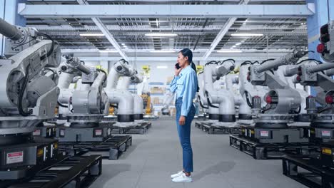 mujer hablando por teléfono en una fábrica moderna con robots