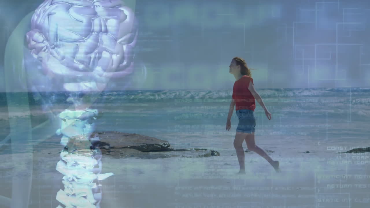 DNA strand and binary coding animation over person walking on beach