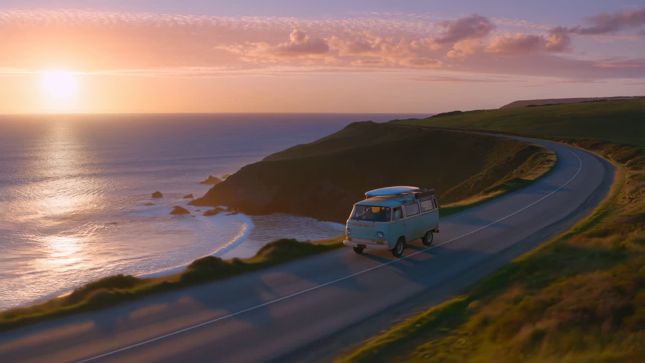 Camper van driving on a coastal road at sunset with a surfboard on the roof