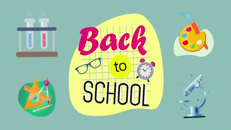 Animation-of-school-icons-and-back-to-school-icons-on-green-background