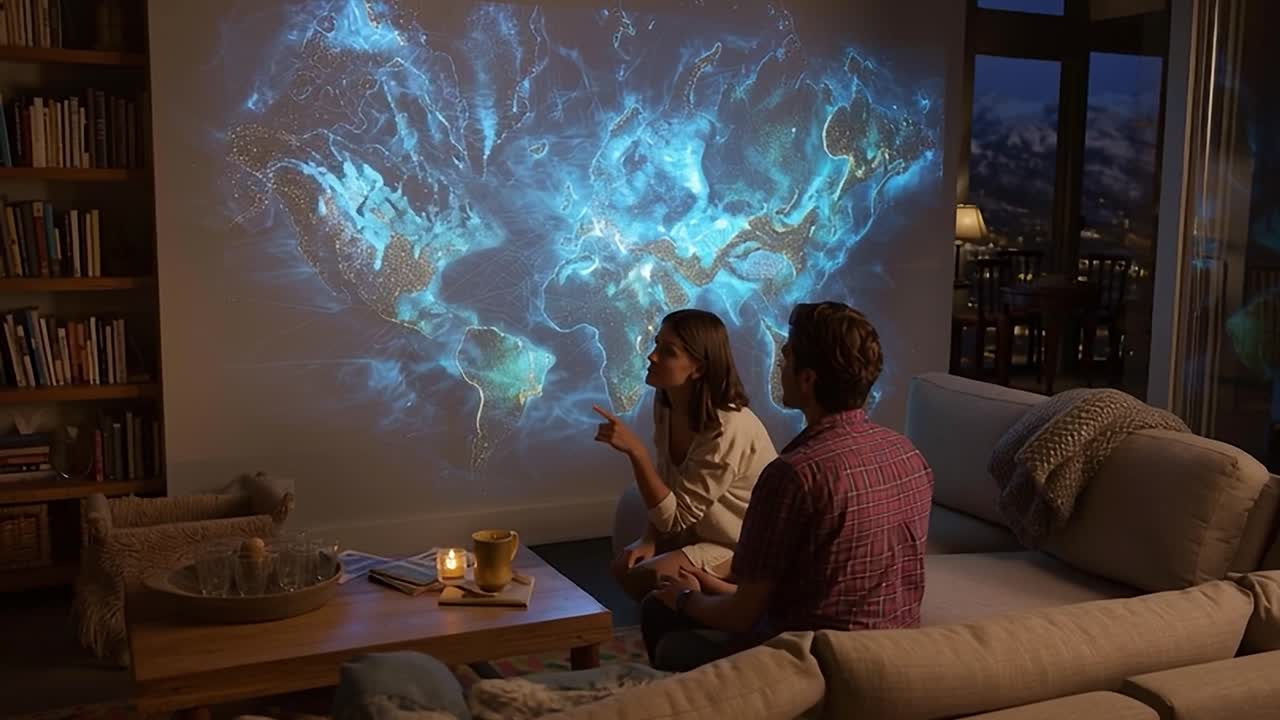 Pareja disfruta de una proyección inmersiva de un mapa mundial dinámico en casa.